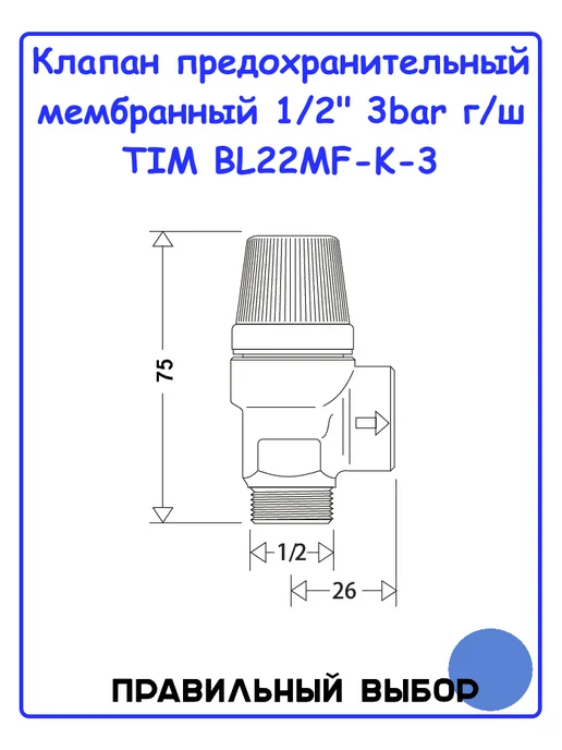 TIM Клапан предохранительный мембранный 3 бар, 1 2" г-г, 2 г, фото 2