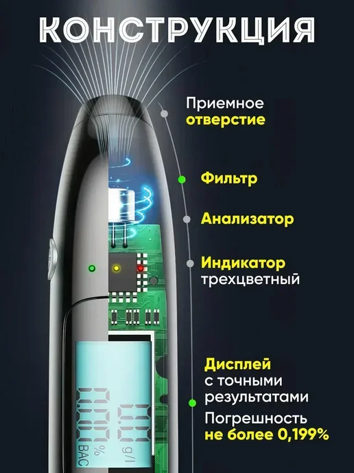 Алкотестер цифровой Алкотестер бесконтактный, черный, фото 4