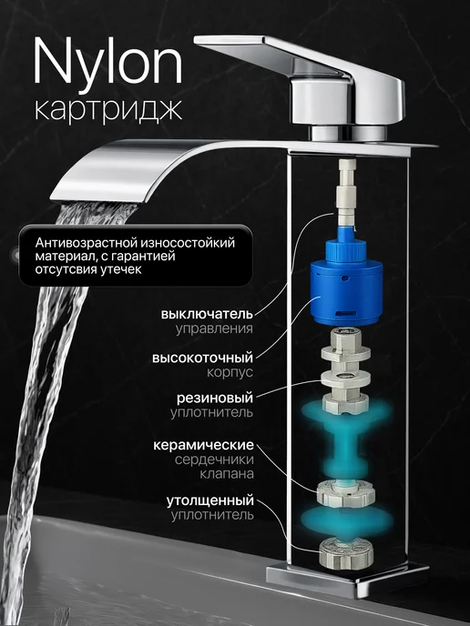TwoBai Смеситель для раковины в ванну с каскадным изливом, серый, фото 3