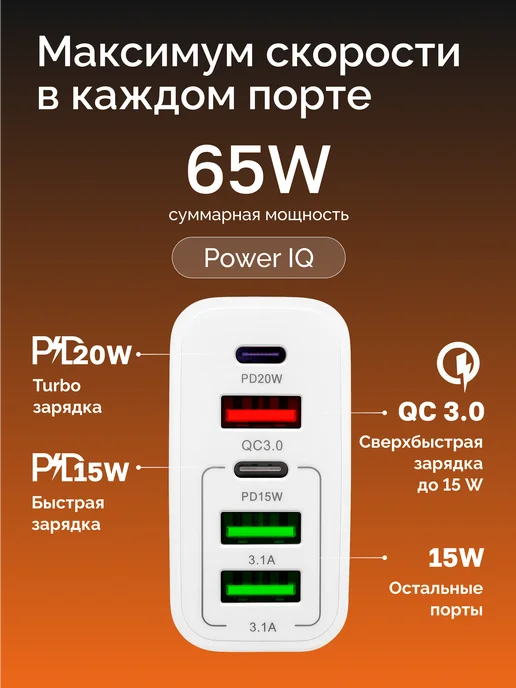Зарядное устройство для телефона с проводом, 5 портов 65W, 65 Вт, фото 6