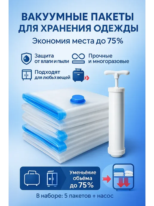 ами 33 Вакуумные пакеты для одежды и хранения вещей, синий