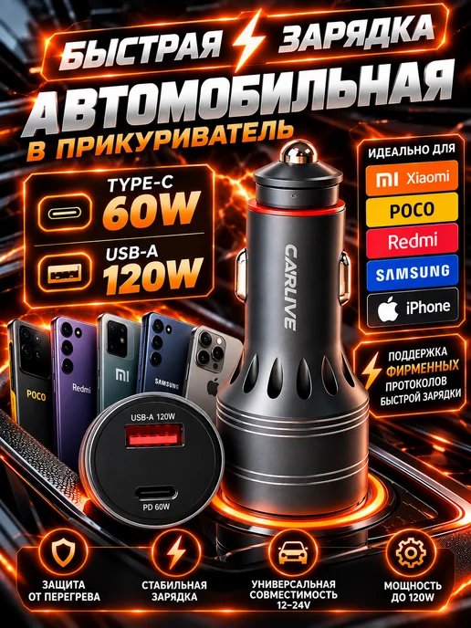 Автозарядка 120W Xiaomi Redmi POCO Mi Samsung iPhone, 120 Вт