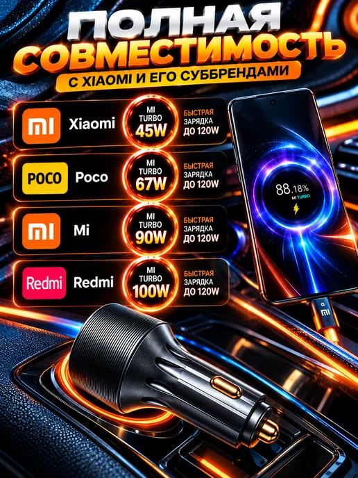 Автозарядка 120W Xiaomi Redmi POCO Mi Samsung iPhone, 120 Вт, фото 2