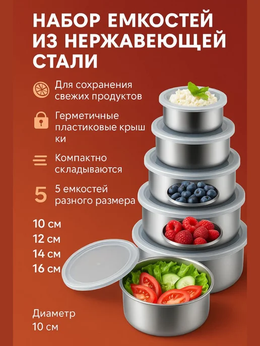 млопес Набор контейнеров мисок ёмкостей кастрюлей металлические, 5 шт, фото 2
