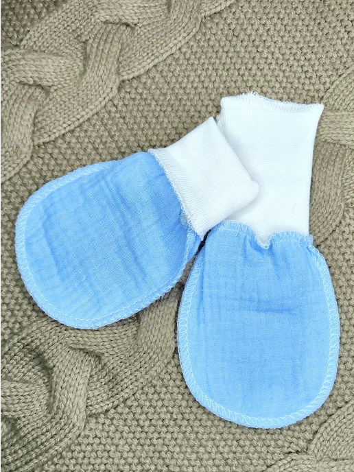Max & Den kids Муслиновые Царапки антицарапки для новорожденных 0-6мес, голубой, фото 2