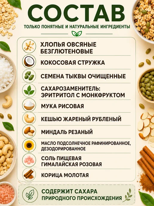 ЭТОНОВО Гранола без сахара ореховая без глютена готовый завтрак, вариант, фото 2