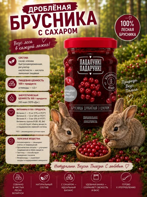 Пацалункi Падарункi Брусника дробленая с сахаром 350 г, 700 г, фото 4