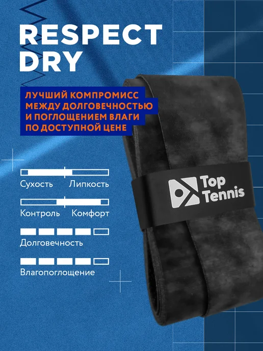 Top Tennis Намотка сухая для теннисной ракетки 4шт black RESPECT DRY, 4 шт, фото 3