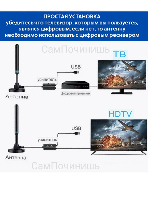 Комнатная антенна для телевизора с усилителем и магнитом, вариант, фото 3