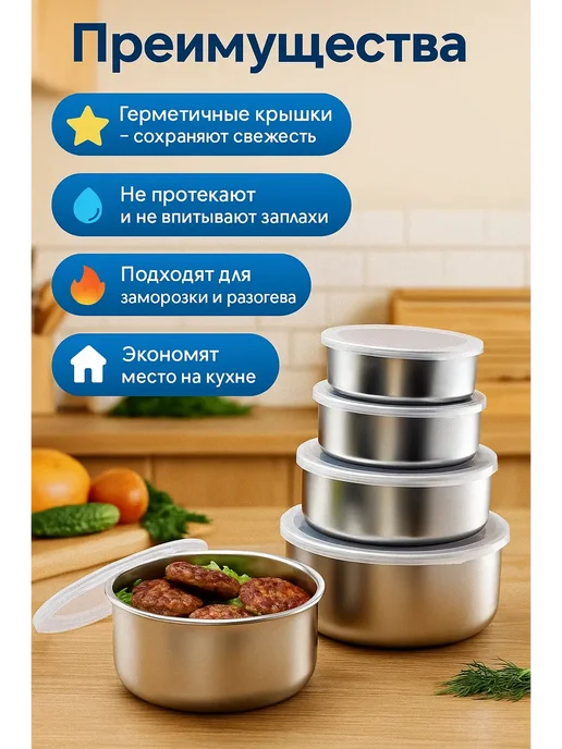 ALIGOR контейнеры матрешки из нержавеющей стали круглые для еды, 5 шт, фото 3